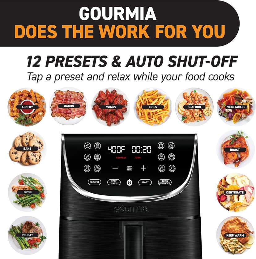 Gourmia Air Fryer Oven Digital Display 7 Quart Large AirFryer Cooker 12 Touch Cooking Presets, XL Air Fryer Basket 1700w Power Multifunction GAF716 Black and Stainless Steel Accents FRY FORCE 360°