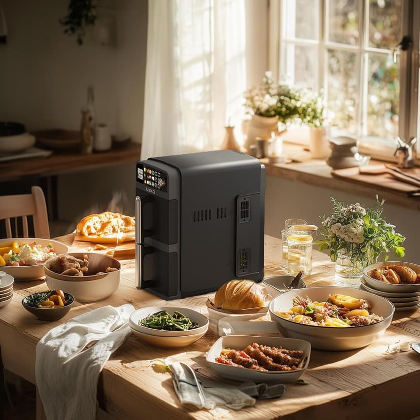 10-QT Dual Large Air Fryer, XL 2-Basket Air Fryer, 10-in-1 Technology Double Cooks 4 Foods at Once, Smart Finish & Match Cook, Air Fry, Broil,Bake, Easy Meals, Easy Clean and Dishwasher Safe, Black.
