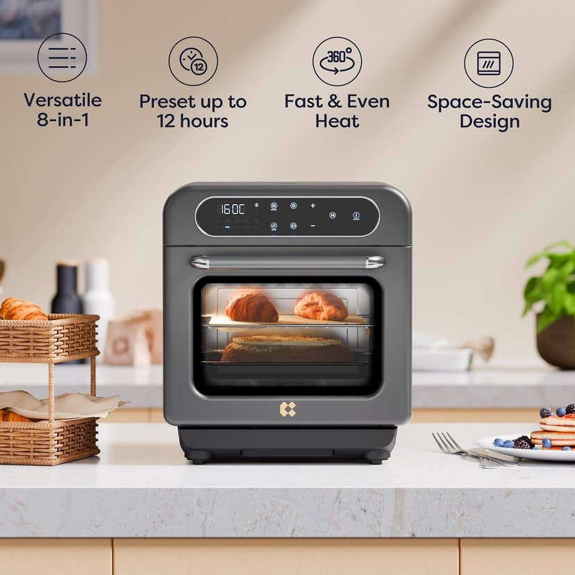 CIARRA Steam Oven Countertop with Air Fryer, 8 in 1 12L Mini Convection Oven with Steam, Rapid Steam, Air Fry, Vapor Bake, Steam Clean, Bake, Dried, Ferment, Grey