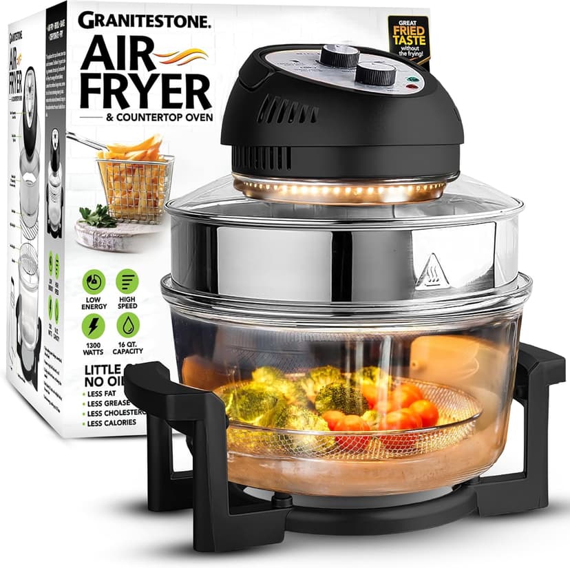 16Qt Large Glass Air Fryer Non Toxic – Family Sized Large Halogen Oven Cooker with 3 Cooking Sections, Stainless Steel Racks, French Fries, Chicken, No Preheat, Self Cleaning, Dishwasher Safe