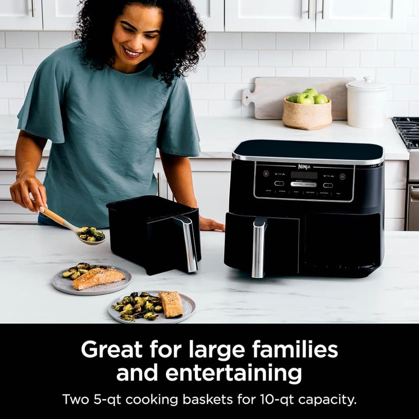 Ninja | Air Fryer | Finish Cooking Multiple Foods at the Same Time | 6-in-1 (Air Fry, Broil, Roast, Keep Warm, Dehydrate, Bake) | Fit up to 8lb Chicken Wings in the two 5 QT Baskets | DZ302