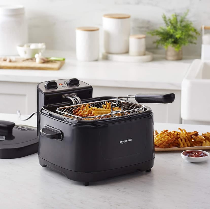 Amazon Basics 2.1-Qt (2.0L) Deep Fryer with Basket, 8-Cup Capacity, Stainless Steel Exterior, Viewing Window, Temperature Control, Black & Silver, 1500W