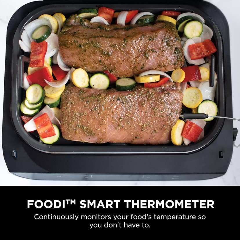 Ninja Indoor Grill, Foodi Smart XL 6-in-1 Indoor Grill with Air Fry, Roast, Bake, Broil & Dehydrate, Smart Thermometer, Black/Silver, FG551