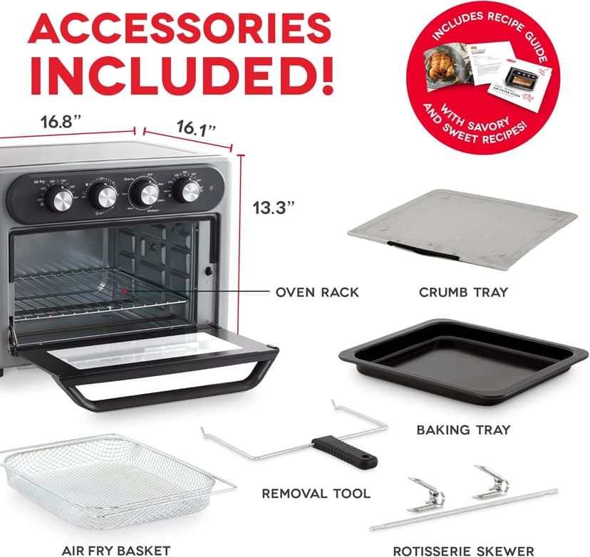 Dash Chef Series 7 in 1 Convection Toaster Oven Cooker, Rotisserie + Electric Air Fryer with Non-stick Fry Basket, Baking Pan & Rack, Skewers, Drip Tray & Recipe Book, 23L, Graphite