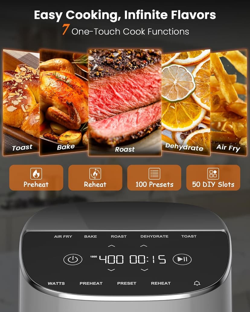 Nuwave Brio Plus Air Fryer 8 Qt, New & Improved, PFAS-FREE, 7 Digital One-Touch Cook Functions that AIR FRY, BAKE, ROAST, DEHYDRATE, TOAST, REHEAT, PREHEAT, 150 Presets, 50°F-400°F, 700/1500/1800W