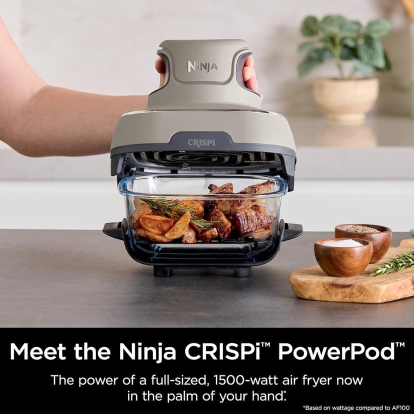 Ninja Crispi Air Fryer, Microwave, Freezer & Dishwasher Safe, Non Toxic Glass Portable Cooking System, 4 QT & 6 Cup Glass Containers with Storage Lids, Easy Meals, Air Fry, Bake, Stone, FN101ST