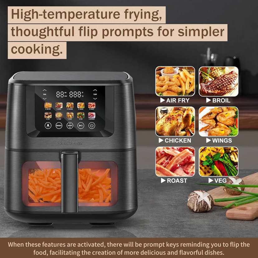 SEEDEEM Max XL Air Fryer 8QT, 10-in-1 Digital Air Fryer Oven with Color Touchscreen & Viewing Window, Toaster Oven Combo for Broil, Roast, Dehydrate, Bake – Black