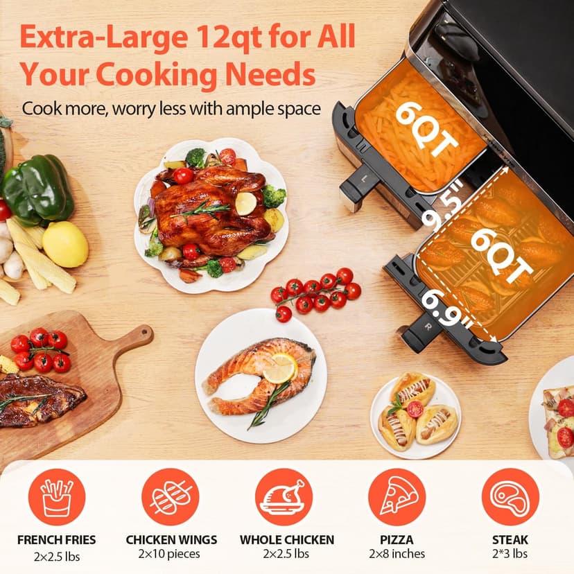 12QT Large Dual Air Fryer, 10-in-1 Double Zone Airfryer with 2×6QT Baskets, 60° Easy-Panel with Full Touchscreen, SyncCook Function, Viewing Window, Nonstick & Dishwasher Safe, 2 Dishes at Once, Black