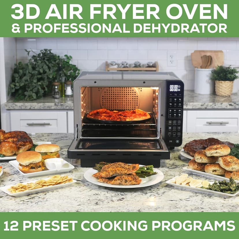 GoWISE USA 25-Quart Air Fryer Oven & Professional Dehydrator with 3 Heating Elements & Rotisserie, 12 Functions, Preheat & 5 Cooking Levels – Fits 12-Inch Pizza, 11 Accessories and Stainless Steel