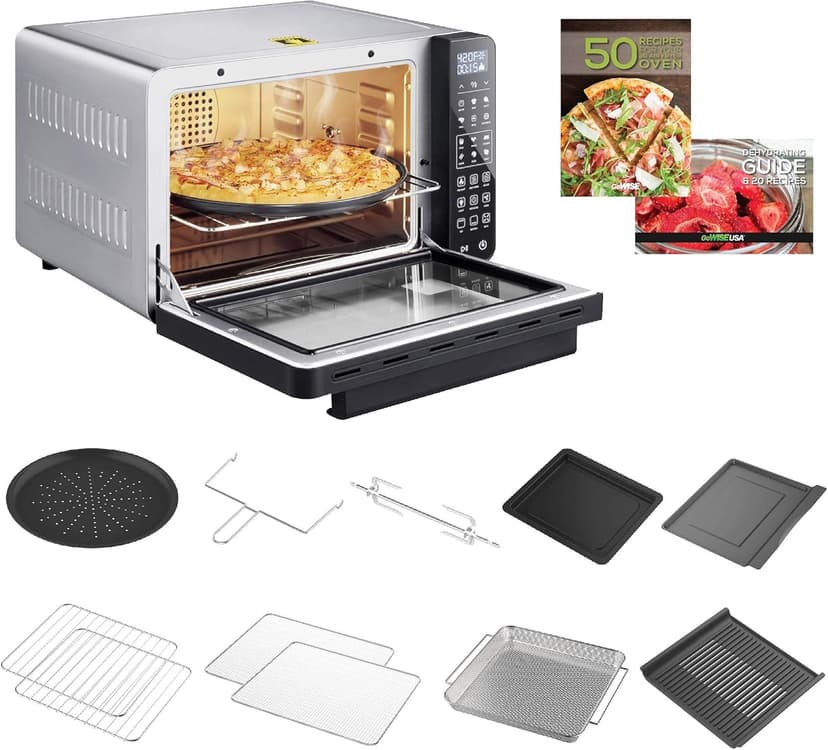 GoWISE USA 25-Quart Air Fryer Oven & Professional Dehydrator with 3 Heating Elements & Rotisserie, 12 Functions, Preheat & 5 Cooking Levels – Fits 12-Inch Pizza, 11 Accessories and Stainless Steel