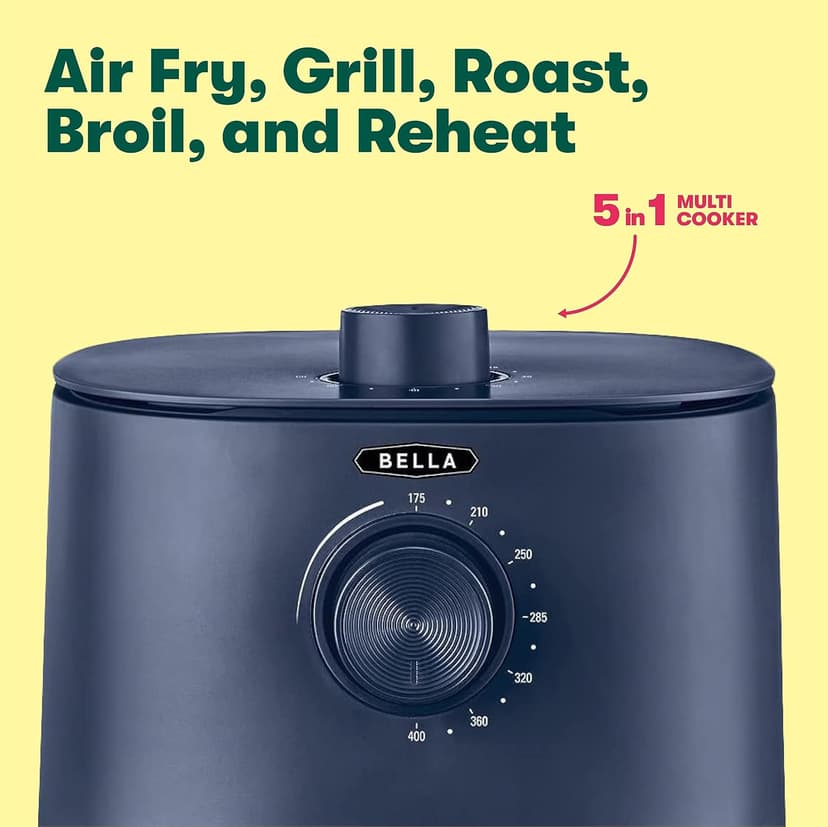 BELLA 3 Qt Manual Air Fryer Oven and 5-in-1 Multicooker with Removable Nonstick and Dishwasher Safe Crisping Tray and Basket, 1400 Watt Heating System, Matte Blue
