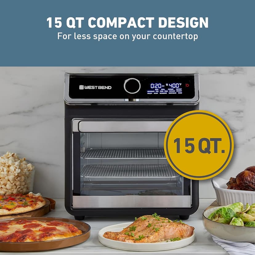 West Bend Air Fryer Oven 15-Quart with Digital Controls Easy-View Door and 16 Cooking Presets, Includes Eight Accessories, 1000-Watts, Black