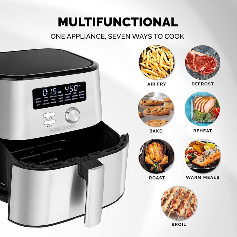 Kalorik MAXX® Digital Air Fryer FT 47823 BKSS | 6-Quart Oilless Air Fryer with 7 Cooking Functions | LED Display | 21 Smart Presets | 5 Dishwasher-Safe Accessories & Bonus Recipe Book | Nonstick Air Frying Basket | 1750W | Stainless Steel & Black