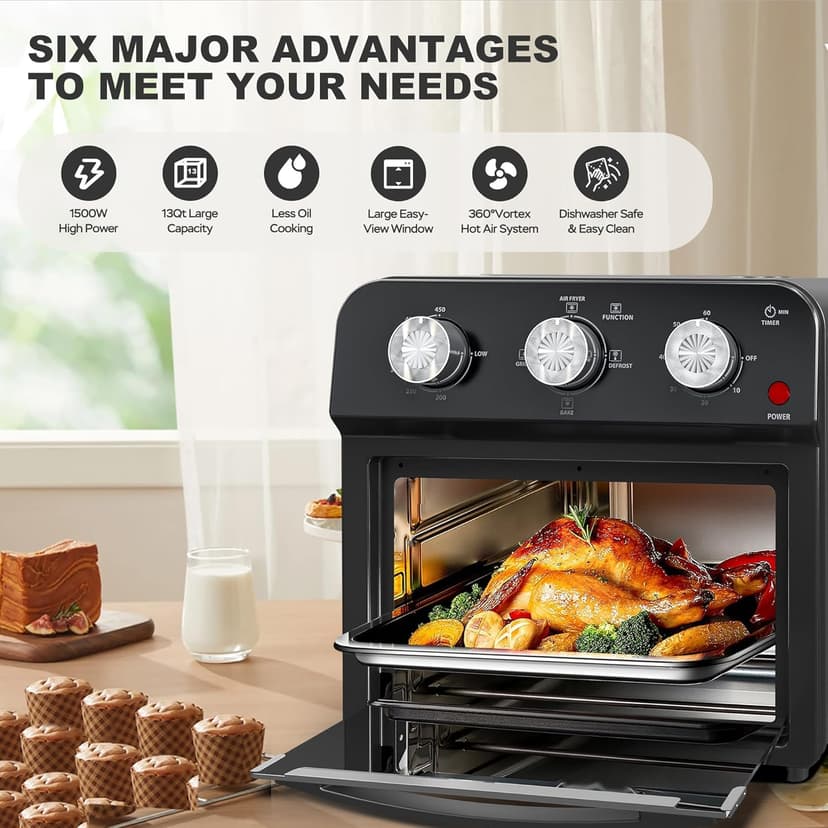PlumChef 13 Quart 4 Slices Air Fryer Convection Toaster Oven, 1500W, 7 in 1 Multifunction with Roast, Bake, Grill, Broil, Toast, Dehydrate, Defrost (Dark Black)