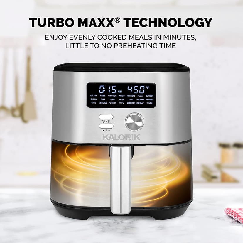 Kalorik MAXX® Digital Air Fryer FT 47823 BKSS | 6-Quart Oilless Air Fryer with 7 Cooking Functions | LED Display | 21 Smart Presets | 5 Dishwasher-Safe Accessories & Bonus Recipe Book | Nonstick Air Frying Basket | 1750W | Stainless Steel & Black