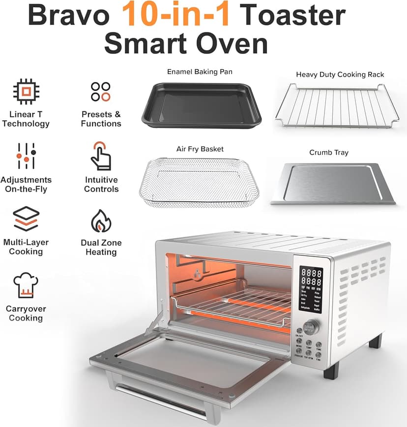 Nuwave Bravo Pro Smart 21QT Toaster Oven Air Fryer Combo, Convection Oven Countertop, 10 functions all in 1, with even & quick crisp technology, 50-450°F, 1800W, Stainless Steel
