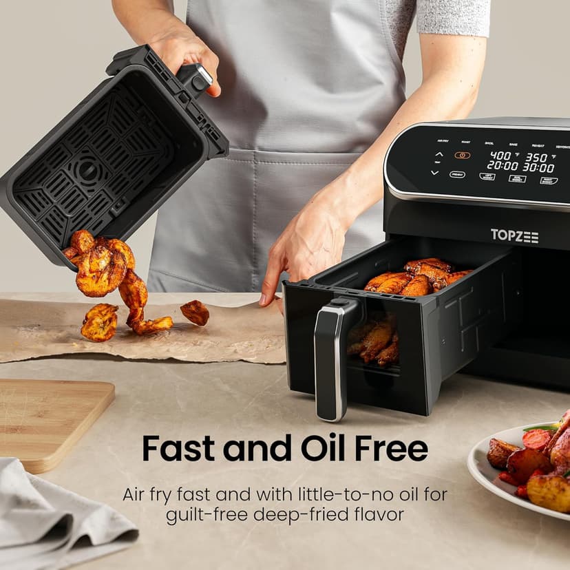 8-QT Large Air Fryer - Dual Basket Airfryer with Easy View Windows, Preheat, Air Fry, Roast, Broil, Bake, Dehydrate, 2 Independent 4 QT Nonstick Dishwasher Safe Baskets, Black