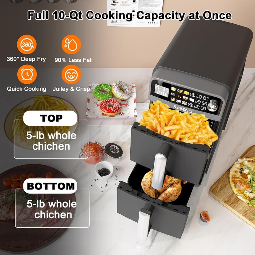 10-QT Dual Large Air Fryer, XL 2-Basket Air Fryer, 10-in-1 Technology Double Cooks 4 Foods at Once, Smart Finish & Match Cook, Air Fry, Broil,Bake, Easy Meals, Easy Clean and Dishwasher Safe, Black.