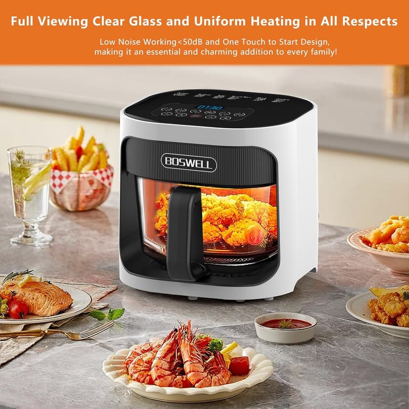BOSWELL 4.5QT Glass Air Fryer, 6-in-1 Air Fryer with Transparent Fry Bowl, Circulating Air Heating, Bake, Broil, Air Fry, Temperature Control, Dishwasher Safe (White)