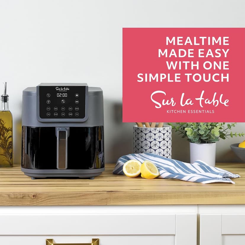 SUR LA TABLE KITCHEN ESSENTIALS 5-in-1 Compact 8-Quart Basket Air Fryer with Window for Easy Viewing, Digital Touchscreen Display with 10-Presets, Air Fry, Bake, Broil and Reheat in Minutes, 1500w