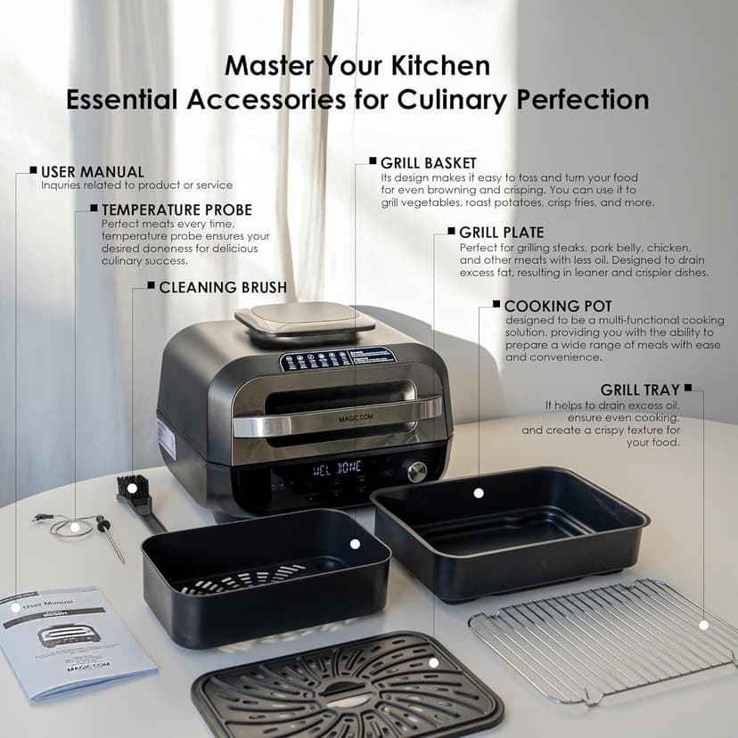 MAGiC COM Indoor Grill and Air Fryer, 7-in-1 Electric Grill with Steak, Roast, Air Crisp, Bake, Dehydrate, Pizza and Reheat. Smart Thermometer, Non-Stick, Dishwasher Safe/Black