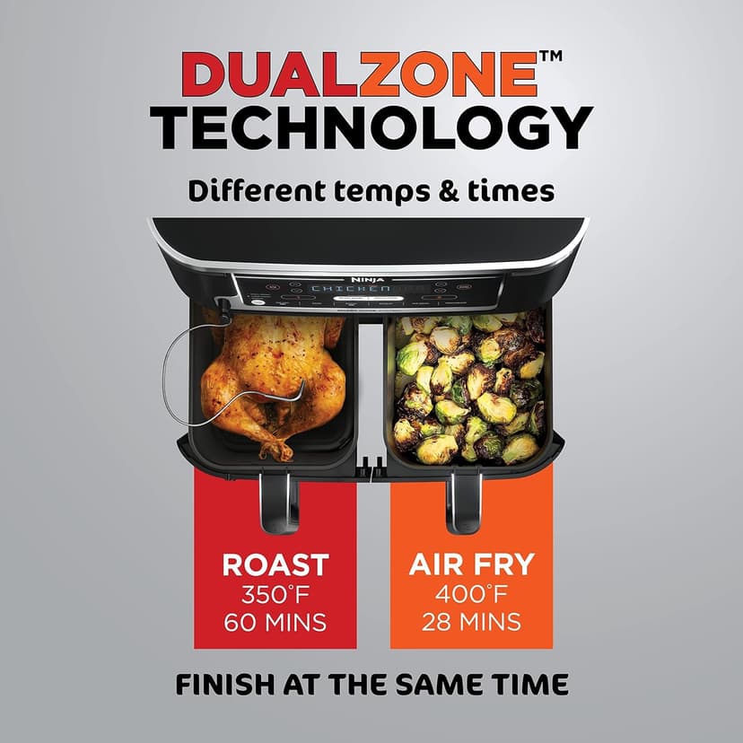 Ninja Air Fryer, Thermometer, Roast, Bake, Air Fry, Crisps, Broil, Reheats, Keep Warm, 6-in-1, Fries, Frozen Food, Veggies, and Meat, Quick Meals, Healthy Meals, Less Oil, 10 QT, Grey, DZ550​