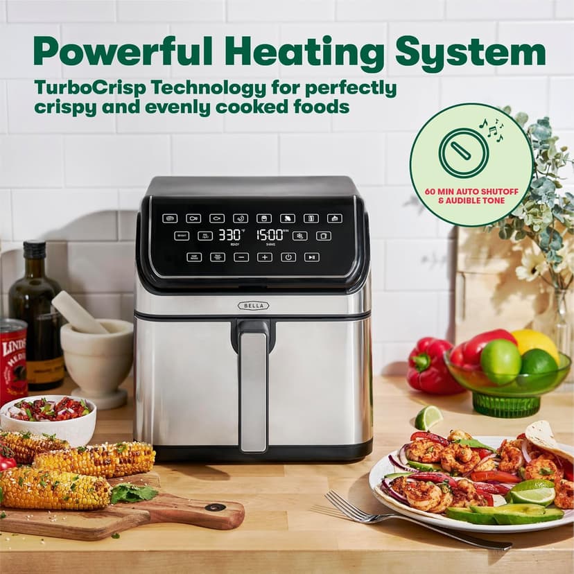 bella 8 Qt Digital Air Fryer with TurboCrisp Technology, Large Family Size Nonstick Cooking Basket and Crisping Tray, Multiple Preset Functions, Auto Shutoff, Stainless Steel, 1750 Watt