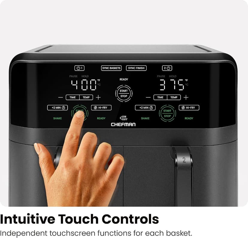Chefman 6 Quart Dual Basket Air Fryer - Digital Touchscreen, Smart Sync Finish, Hi-Fry, Auto Shutoff, 2 Independent 3QT Nonstick Dishwasher-Safe Frying Baskets - Digital Double Air Fryer - Black