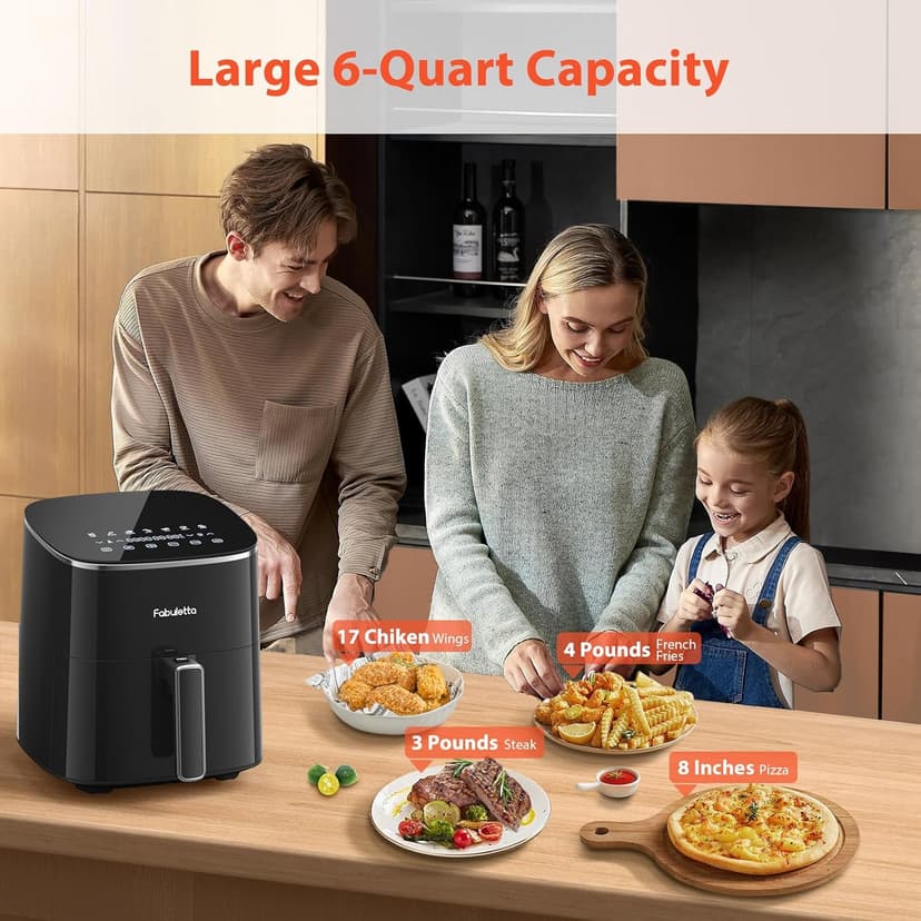 FABULETTA Air Fryer 11-in-1, 6QT Airfryer 450F Max Crisp, Nonstick Basket, Diswasher Safe, Shake Reminder for Roast, Bake, Dry, Reheat, Frozen, Broil, Proof-Black