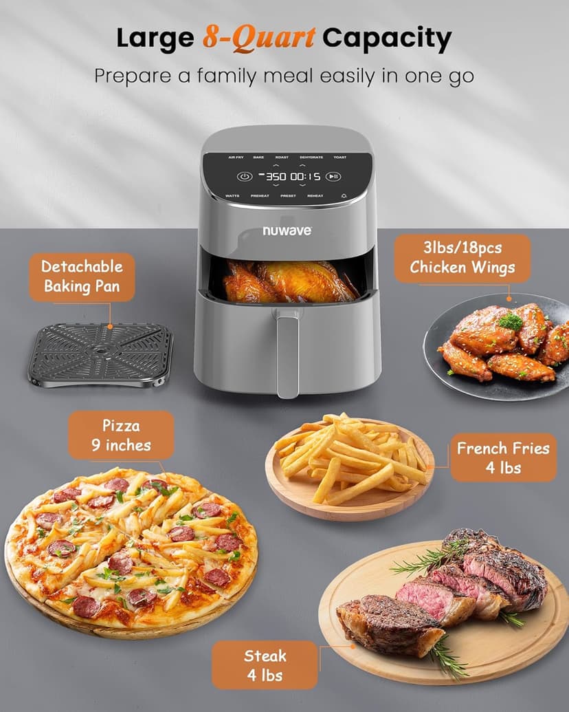 Nuwave Brio Plus Air Fryer 8 Qt, New & Improved, PFAS-FREE, 7 Digital One-Touch Cook Functions that AIR FRY, BAKE, ROAST, DEHYDRATE, TOAST, REHEAT, PREHEAT, 150 Presets, 50°F-400°F, 700/1500/1800W