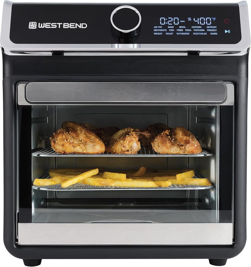 West Bend Air Fryer Oven 15-Quart with Digital Controls Easy-View Door and 16 Cooking Presets, Includes Eight Accessories, 1000-Watts, Black