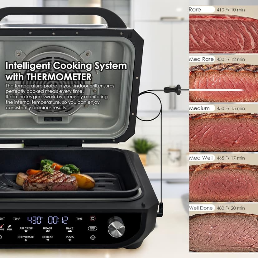 MAGiC COM Indoor Grill and Air Fryer, 7-in-1 Electric Grill with Steak, Roast, Air Crisp, Bake, Dehydrate, Pizza and Reheat. Smart Thermometer, Non-Stick, Dishwasher Safe/Black