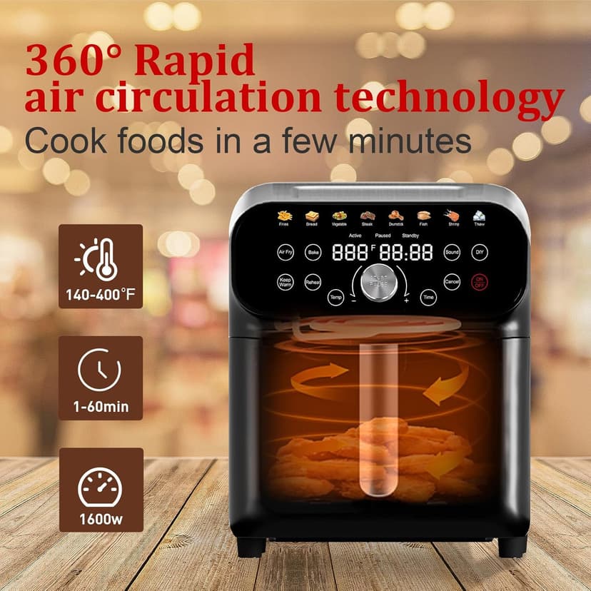 Air Fryer, 6.2QT Air Fryer Oven with LED Digital Touchscreen, 12 Preset Cooking Functions Air fryers, Bake, Reheat, Keep Warm, Nonstick and Dishwasher-Safe Basket, Stainless Steel/Black&Silver