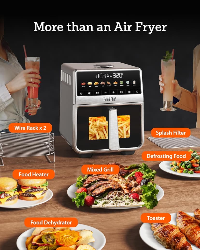 Air Fryer, 6 Qt, Stainless Steel Air Fryer, Stainless Steel Housing& Full Metal Inner Pot, Ceramic Glaze, PTFE and PFAS Free, 9 Digital One-Touch Cook Functions,120°F~450°F, 1700W