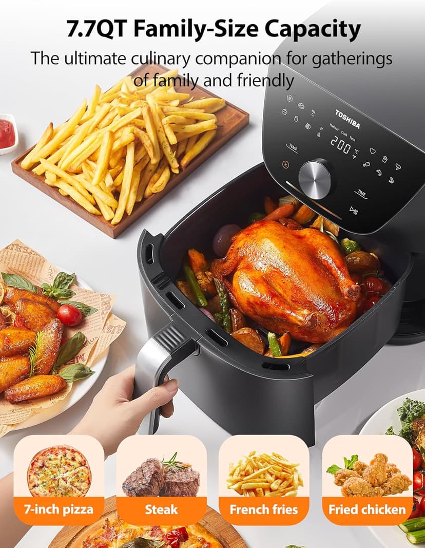 Toshiba 7.7QT Air Fryer, Family-Size for Quick and Easy Meals, 12 Preset Menus and Menu-IQ Function, 1°F Precision, 90% less fat, Double-sided Handles Easy Carrying