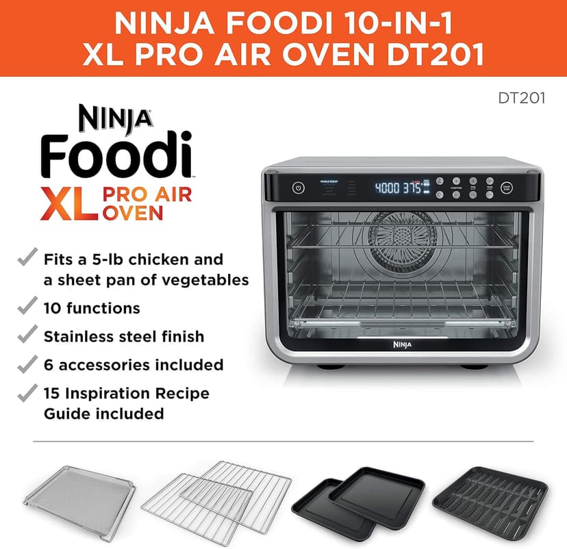 Ninja Air Fryer and Toaster Oven, Foodi Series, XL Pro Air Oven Kitchen Countertop Convection, 10-in-1 Functions, Fits a 5-lb Chicken and Sheet Pan of Vegetables, 1800 Watts, Stainless Steel, DT201