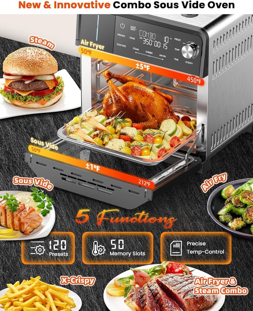 Nuwave Combi Steam Oven, 16Qt All-in-One Stainless Steel Multi-Cooker: Air Fry, Toast, Steam, Sous Vide & More, Precise 50-450°F, Adjustable Moisture, 120 Presets, Programmable Memories, Easy to Clean