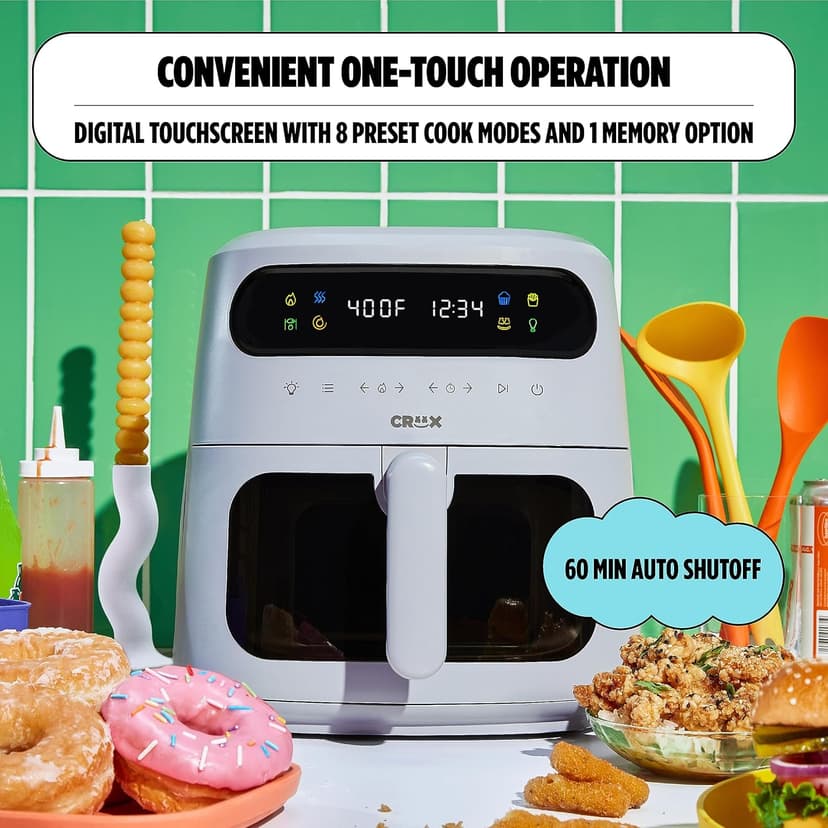 CRUX x Marshmello 8.0 QT Digital Air Fryer with TurboCrisp Technology, Touch Screen Temperature Control, Timer and Auto Shut-off, Fully Programmable, White