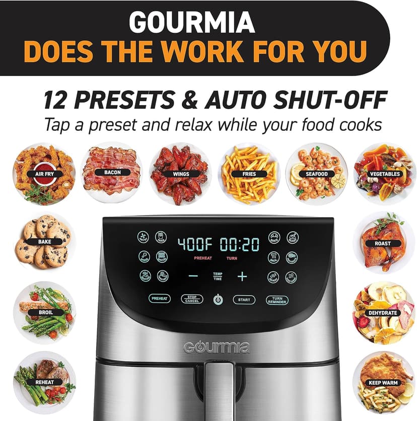 Gourmia Air Fryer Oven Digital Display 8 Quart Large AirFryer Cooker 12 Touch Cooking Presets, XL Air Fryer Basket 1700w Power Multifunction GAF856 Black and Stainless stainless steel air fryer
