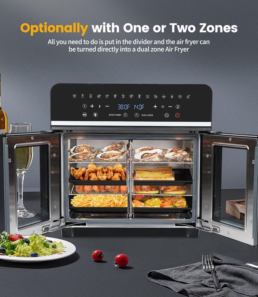 24Qt Large Air Fryer Oven French Door 15 in 1 Multi-Function Digital Controls Convection Oven Stainless Steel Dual Zone Electric Oven Toaster Combo with 13 Accessories & Cookbook
