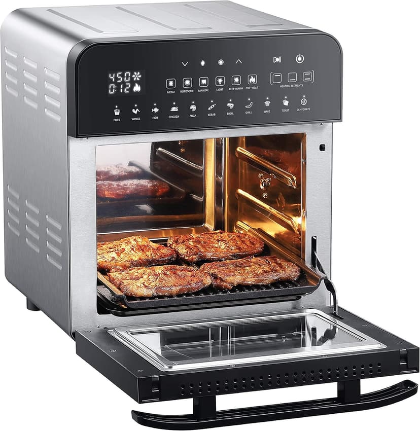 GoWISE USA 14.7-Quart Air Fryer Grill with Dual Heating Elements & Oven with Rotisserie, Dehydrator, Preheat and Broil Functions + 11 Accessories with 2 Recipe Books (Stainless Steel/Black), Ultimate