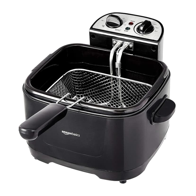 Amazon Basics 2.1-Qt (2.0L) Deep Fryer with Basket, 8-Cup Capacity, Stainless Steel Exterior, Viewing Window, Temperature Control, Black & Silver, 1500W