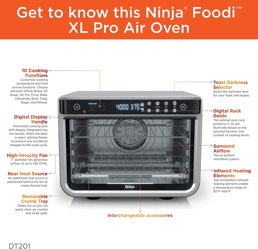 Ninja Air Fryer and Toaster Oven, Foodi Series, XL Pro Air Oven Kitchen Countertop Convection, 10-in-1 Functions, Fits a 5-lb Chicken and Sheet Pan of Vegetables, 1800 Watts, Stainless Steel, DT201