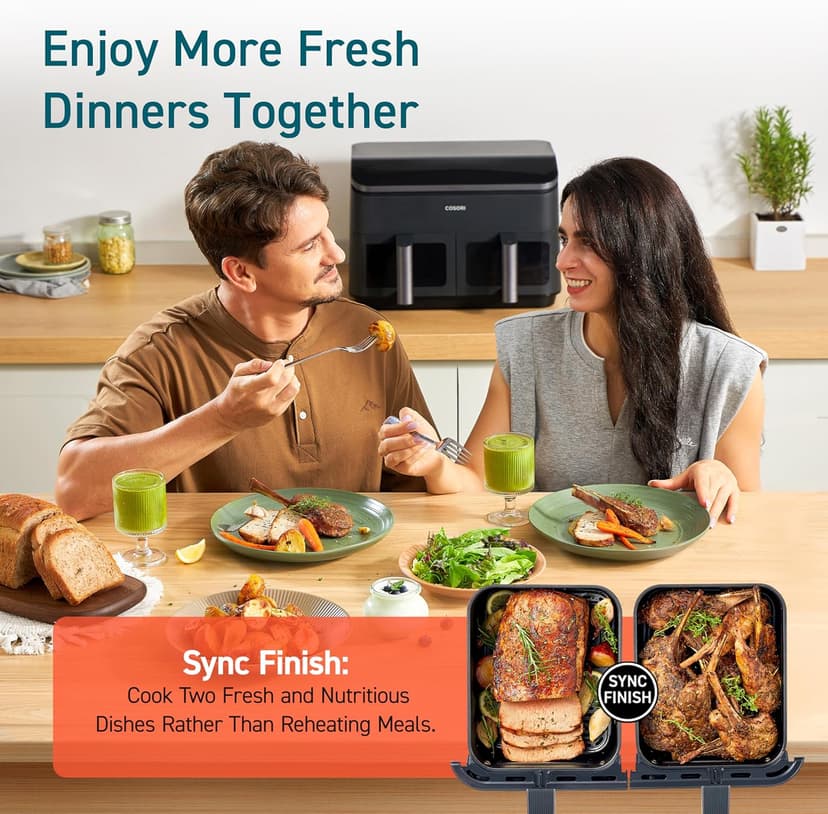COSORI 9Qt 10-in-1 Dual Air Fryer, Fresh Balanced Meals for Family and Children with Double Baskets, Sync Cook & Finish to Bake, Roast, Reheat, Broil & 130 Recipes for Easy Cooking, Dishwasher Safe