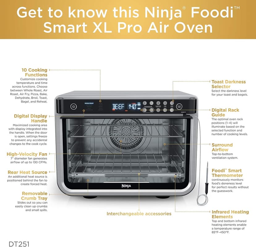 Ninja DT251 Foodi 10-in-1 Smart XL Air Fry Oven, Bake, Broil, Toast, Roast, Digital Toaster, Thermometer, True Surround Convection up to 450°F, includes 6 trays & Recipe Guide, Silver