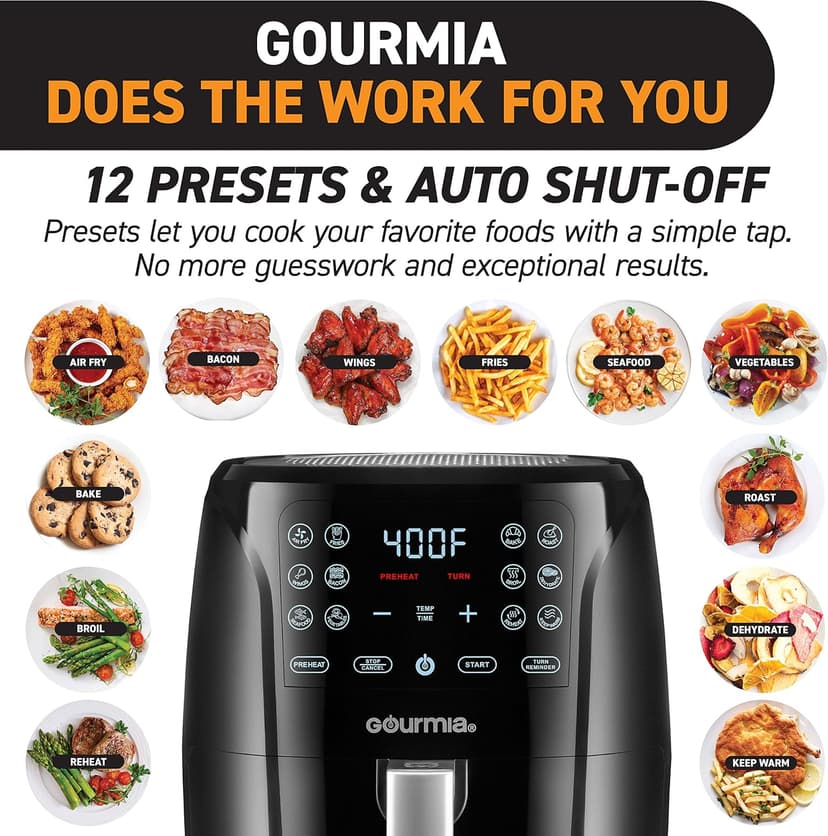 Gourmia Air Fryer Oven Digital Display 6 Quart Large AirFryer Cooker 12 1-Touch Cooking Presets, XL Air Fryer Basket 1500w Power Multifunction Black and Stainless Steel Accents FRY FORCE GAF686
