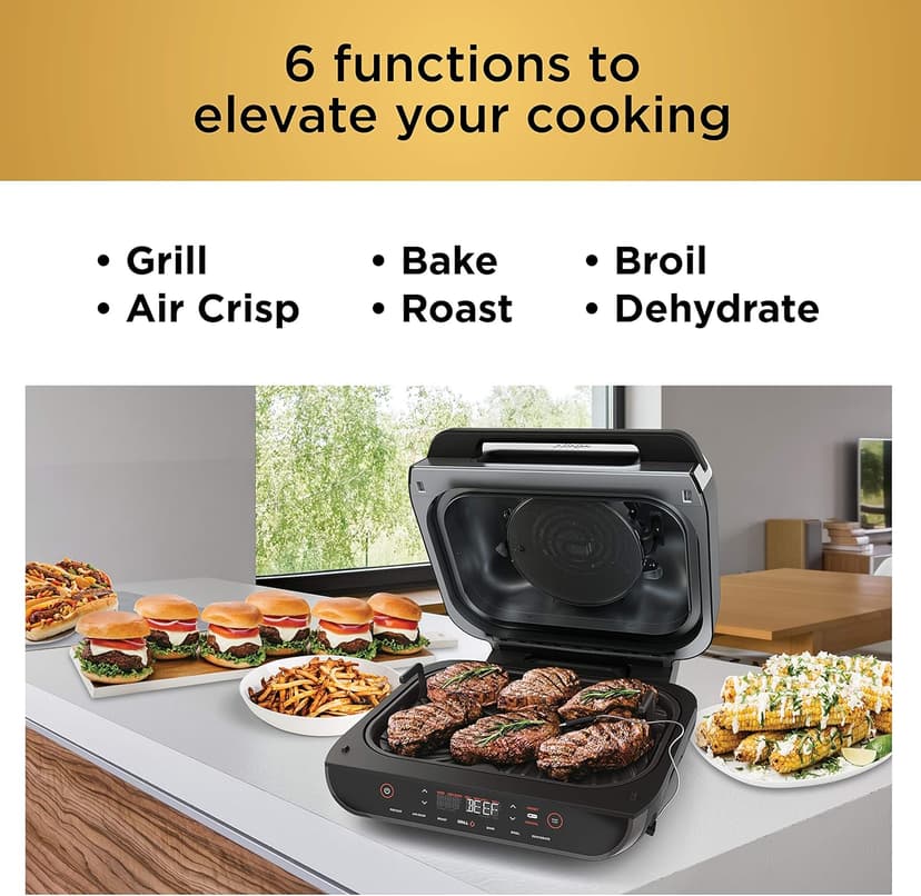 Ninja Indoor Grill, Foodi Smart XL 6-in-1 Indoor Grill with Air Fry, Roast, Bake, Broil & Dehydrate, Smart Thermometer, Black/Silver, FG551
