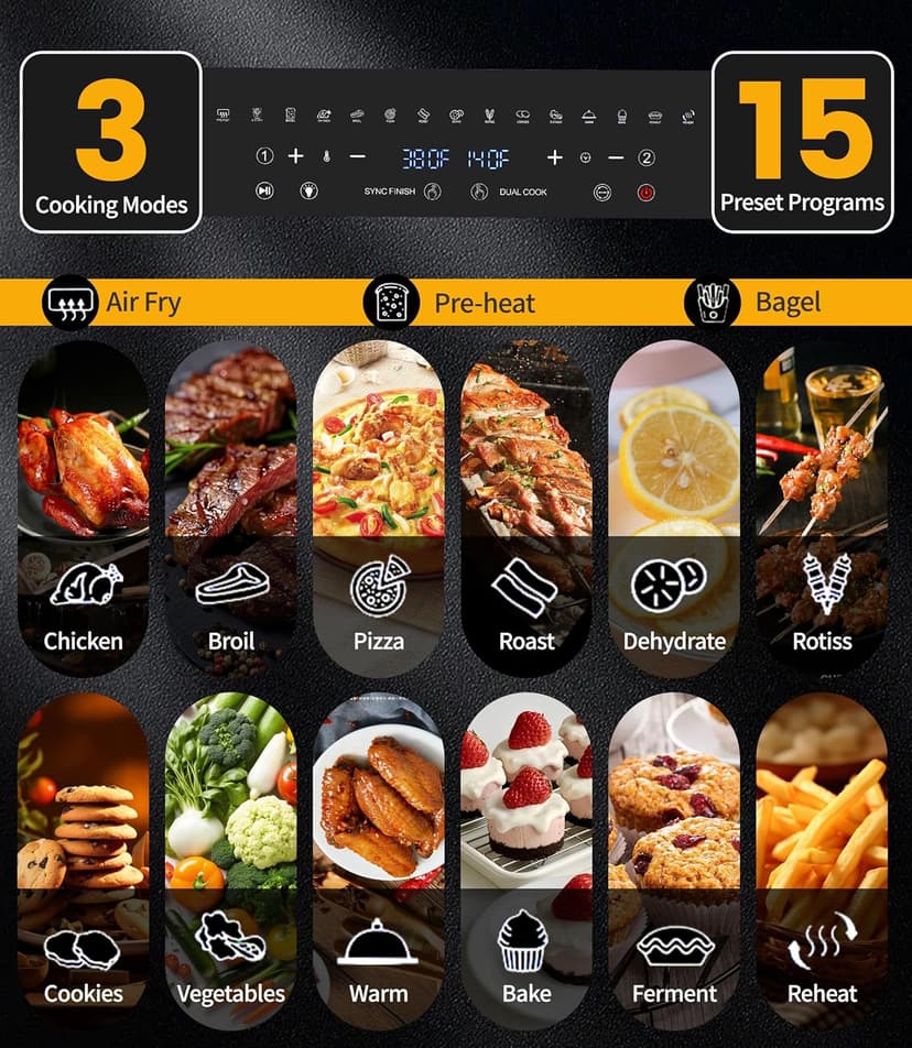 24Qt Large Air Fryer Oven French Door 15 in 1 Multi-Function Digital Controls Convection Oven Stainless Steel Dual Zone Electric Oven Toaster Combo with 13 Accessories & Cookbook