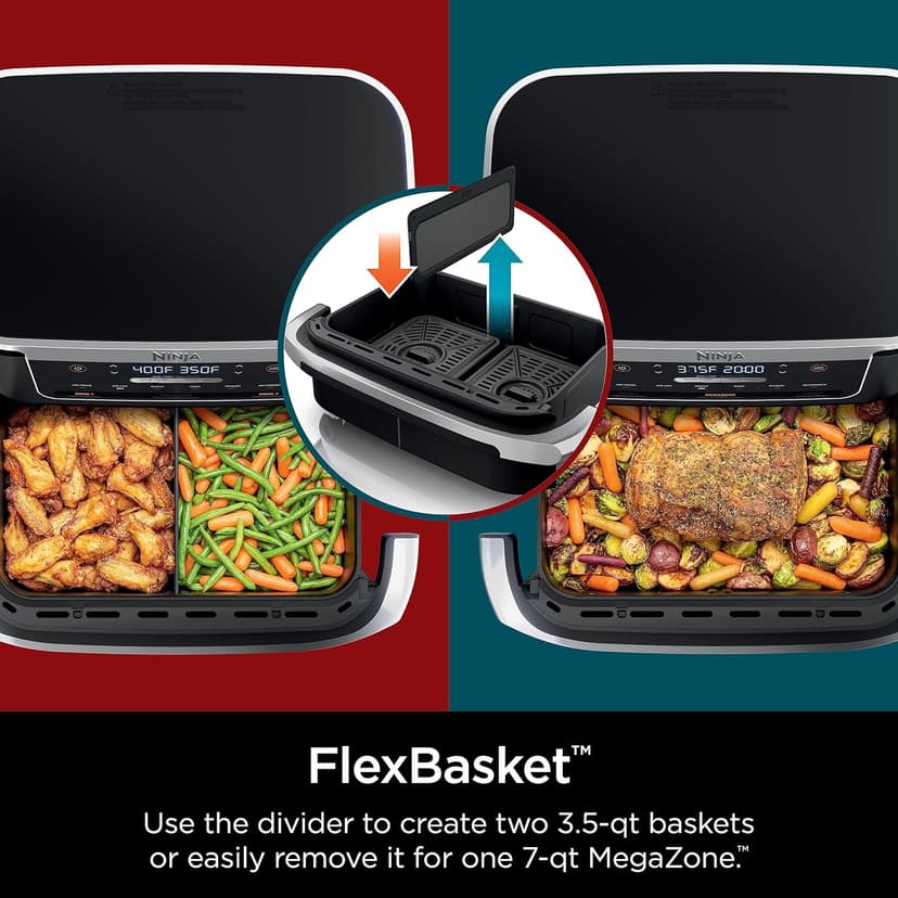 Ninja DZ071 Foodi 6-in-1 DualZone FlexBasket Air Fryer with 7-QT MegaZone & Basket Divider, Large Proteins & Full Meals, Smart Finish Cook 2 Foods 2 Ways, Large Capacity, Air Fry, Bake & More, Black (Renewed)