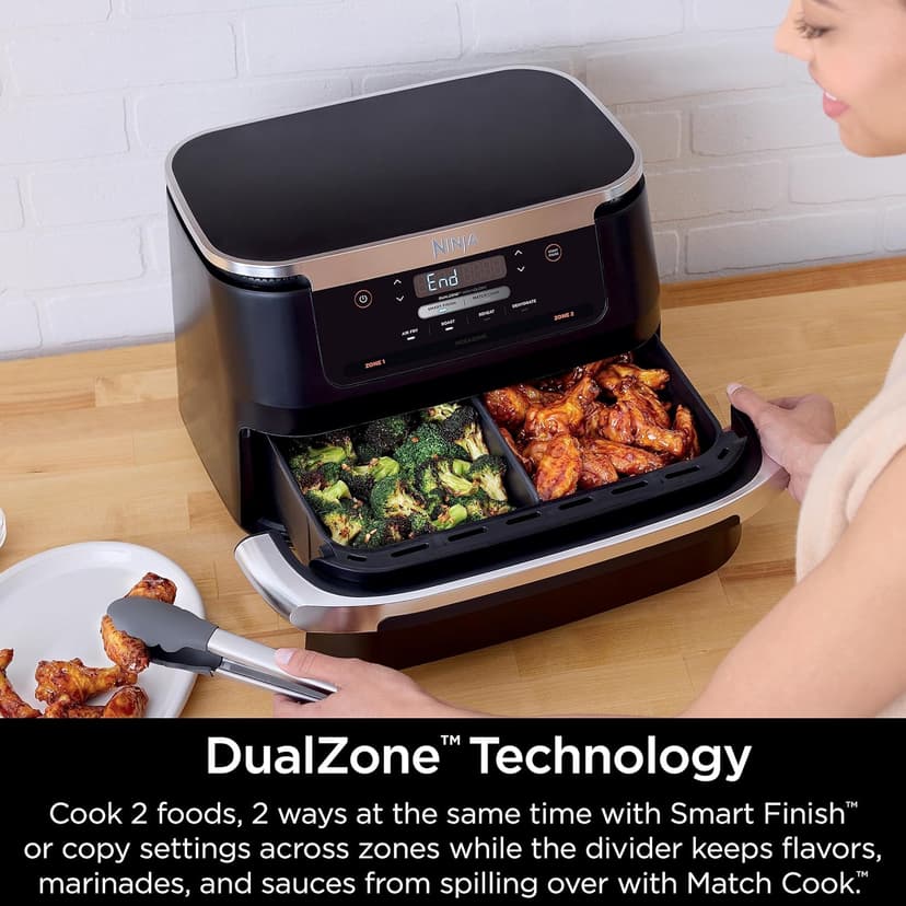 Ninja DZ071 Foodi 6-in-1 DualZone FlexBasket Air Fryer with 7-QT MegaZone & Basket Divider, Large Proteins & Full Meals, Smart Finish Cook 2 Foods 2 Ways, Large Capacity, Air Fry, Bake & More, Black (Renewed)